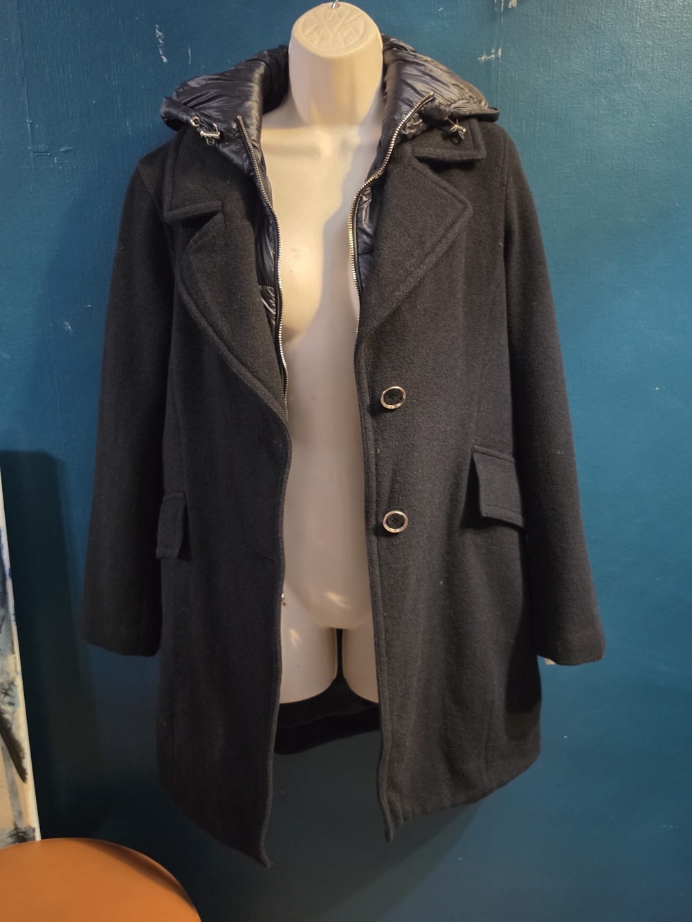 Karl Lagerfeld Paris Layered Puffer Hood Wool Pea Coat - Black S